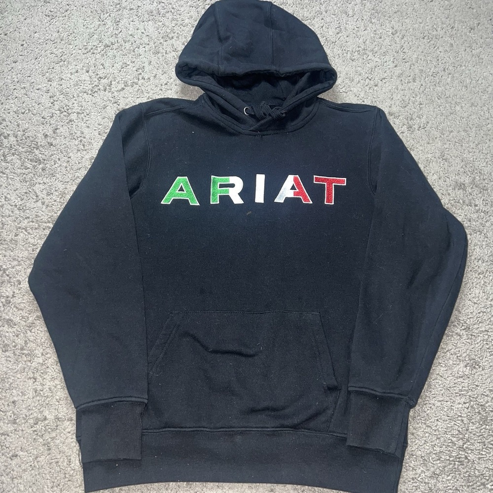 Ariat Mexico Hoodie‎ Womens XS Black Pockets Soft Fleece Pullover Heavyweight